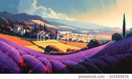 Illustration of beautiful blooming lavender fields in Provence, France 101609056