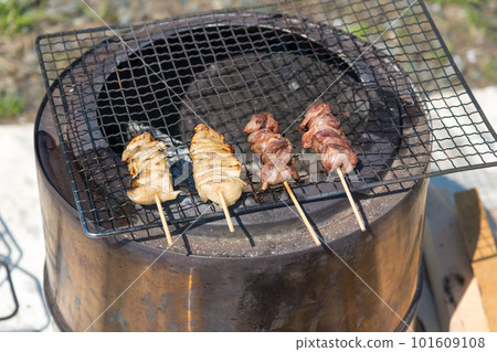 [Grilling yakitori with bonfire on the riverbed of Nakatsugawa] 101609108