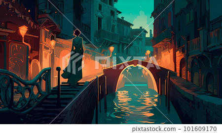 Illustration of the beautiful city of Venice. City of gondoliers, bridges, carnivals and love. Italy 101609170