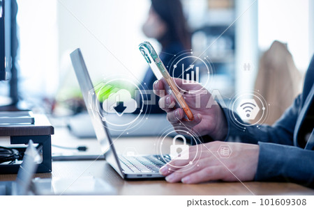 Business scene, close-up of a man's hand operating a smartphone, cloud, digital transformation Business scene, close-up of a man's hand operating a smartphone, cloud, digital transformation 101609308