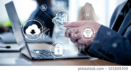 Business scene, close-up of a man's hand operating a smartphone, cloud, digital transformation Business scene, close-up of a man's hand operating a smartphone, cloud, digital transformation 101609309