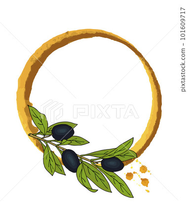 Watercolor frame with branch of black olives. Drawn by hand. For design labels, stickers. 101609717