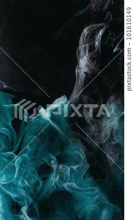 Smoke veil. Paint water. Night haze. Teal blue color glitter dust particles mist floating on dark black abstract art background with copy space. 101610149