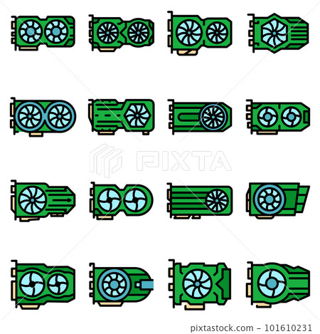 Graphics card icons set. Outline set of graphics card vector icons thin line color flat on white 101610231