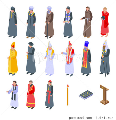 Priest icons set. Isometric set of priest vector icons for web design isolated on white background 101610302