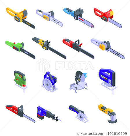 Electric saw icons set. Isometric set of electric saw vector icons for web design isolated on white background Electric saw icons set. Isometric set of electric saw vector icons for web design isolated on white background 101610309