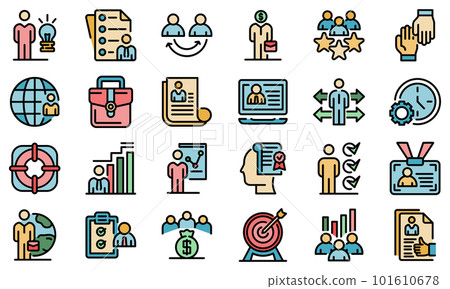 Outsource icons set. Outline set of outsource vector icons thin line color flat on white Outsource icons set. Outline set of outsource vector icons thin line color flat on white 101610678