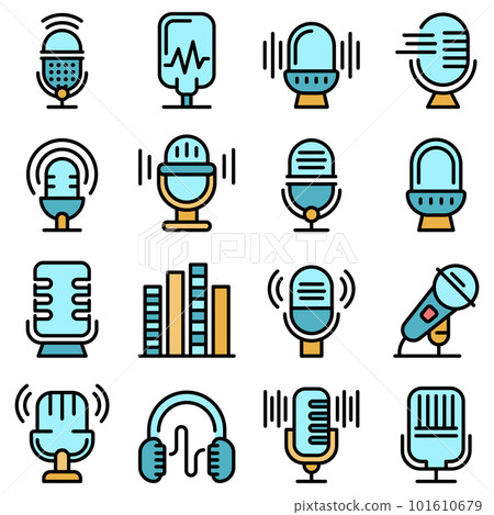 Podcast icons set. Outline set of podcast vector icons thin line color flat on white Podcast icons set. Outline set of podcast vector icons thin line color flat on white 101610679