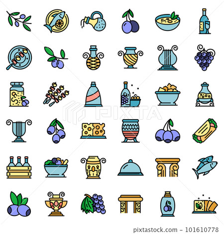 Greece food icons set. Outline set of greece food vector icons thin line color flat on white Greece food icons set. Outline set of greece food vector icons thin line color flat on white 101610778