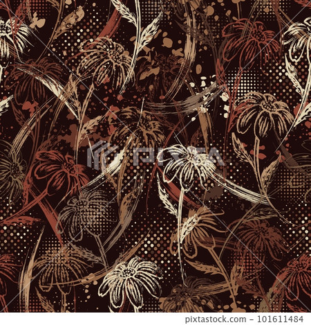 Seamless brown camouflage pattern with chamomile flower,grunge paint brush strokes, paint splatter, smudge, halftone shapes. Good for apparel, fabric, textile, sport goods. Grunge texture Seamless brown camouflage pattern with chamomile flower,grunge paint brush strokes, paint splatter, smudge, halftone shapes. Good for apparel, fabric, textile, sport goods. Grunge texture 101611484