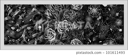 Set of gray camouflage patterns with roses, abstract shapes, spiderweb. Dense composition with overlapping elements. Good for t-shirt design, apparel, fabric, textile, sport goods 101611493