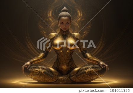 Silhouette of a girl sitting in a lotus position in the rays of golden light. The concept of meditation, self-improvement, exit to the astral plane, activation of the chakras. Generative ai. 101611535