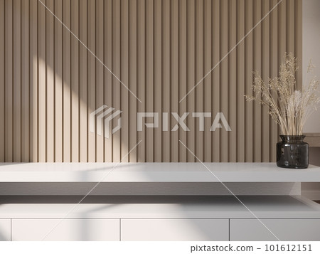 3D rendering close up empty space of shelf and low cabinet with wood lath background 3D rendering close up empty space of shelf and low cabinet with wood lath background 101612151