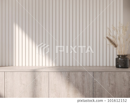 3D rendering empty space of low cabinet with white lath background 3D rendering empty space of low cabinet with white lath background 101612152