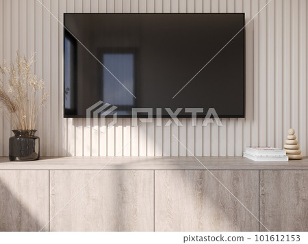 3D rendering   of  low cabinet with TV on white lath background 101612153