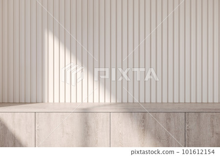 3D rendering close up empty space of low cabinet with white lath background 3D rendering close up empty space of low cabinet with white lath background 101612154