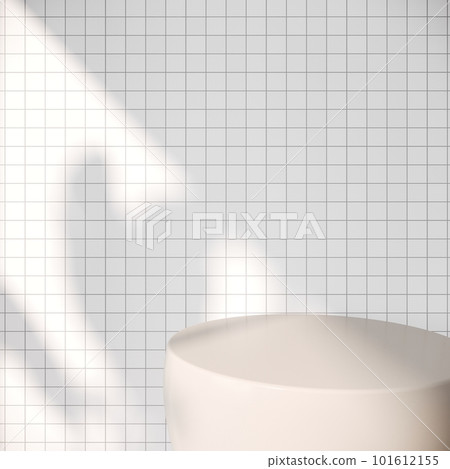 3D rendering close up empty space of round table with leaf shadow on white mosaic for cosmetic product 3D rendering close up empty space of round table with leaf shadow on white mosaic for cosmetic product 101612155