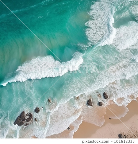 Arial view of beautiful ocean coastline with blue water, golden sand, surf line, waves, beautiful seascape, nays background, marine wallpaper 101612333