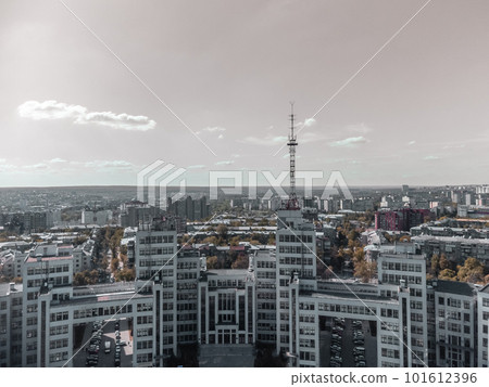 Aerial view on Derzhprom building with grey sky 101612396