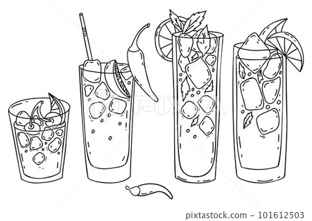 Collection Mexican cocktails Charro Negro, Vampiro, Cherry limeade, mint lemonade with ice cubes, lime, cherries and chili peppers. Isolated vector linear doodles. Latin American traditions drinks Collection Mexican cocktails Charro Negro, Vampiro, Cherry limeade, mint lemonade with ice cubes, lime, cherries and chili peppers. Isolated vector linear doodles. Latin American traditions drinks 101612503