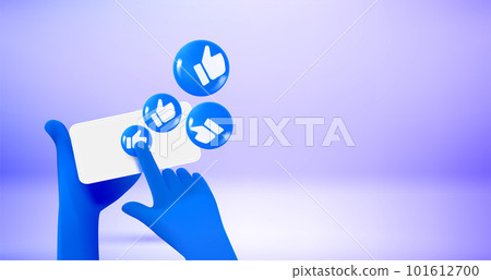 Man holding smartphone with thumbs up media icons. Vector 3d banner with copy space 101612700
