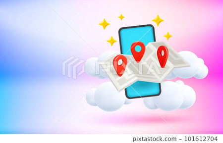 Travel concept with smartphone, map and pins. 3d vector banner with copy space Travel concept with smartphone, map and pins. 3d vector banner with copy space 101612704
