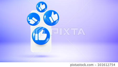 Man holding smartphone with thumbs up media icons. Vector 3d banner with copy space 101612754