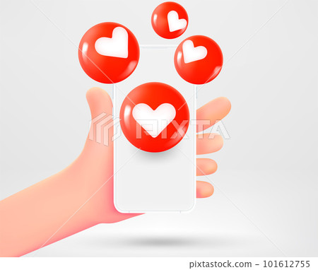 Man holding smartphone with hearts media icons. Vector 3d illustration Man holding smartphone with hearts media icons. Vector 3d illustration 101612755
