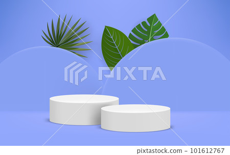 Bright illuminated blue interior with two white podiums 101612767
