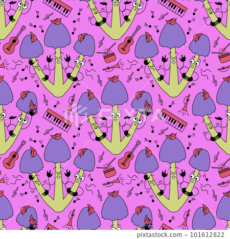 Music mushrooms seamless pattern. Pink background with funguses and musical instruments in flat retro style. 101612822
