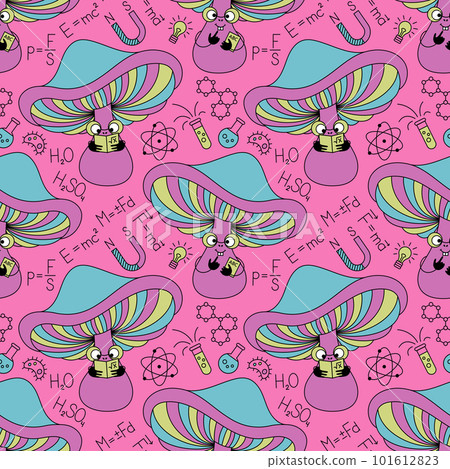Mushroom student seamless pattern. Pink background with funguses and formulas in flat retro style. 101612823