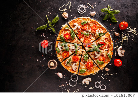 Tasty pizza with cherry tomatoes Tasty pizza with cherry tomatoes 101613007