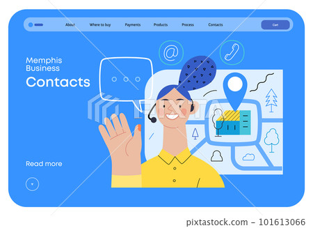 Memphis business illustration. Contacts -modern flat vector concept illustration of a female call center operator, tablet screen, map, location bubble, email, phone. Commerce business sales metaphor. 101613066