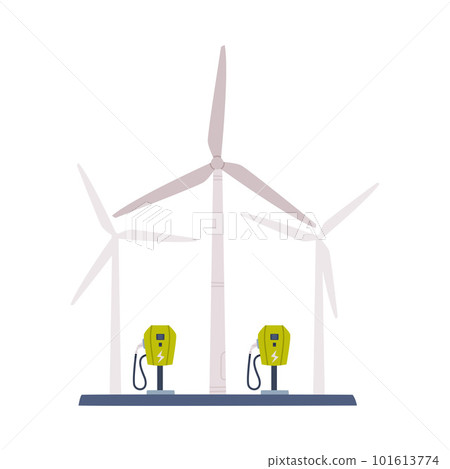 Electric Vehicle Charging Station or EV Charger and Wind Generator as Electrical Power Supply Equipment Vector Illustration Electric Vehicle Charging Station or EV Charger and Wind Generator as Electrical Power Supply Equipment Vector Illustration 101613774