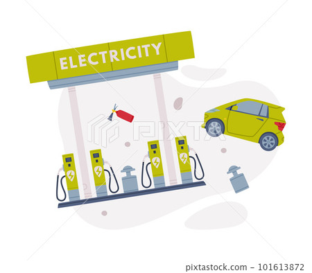 Electricity Filling Station as Facility with Fuel for Motor Vehicle with Car and Shop Vector Composition 101613872