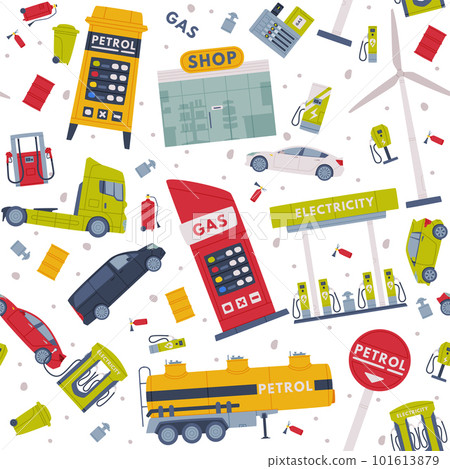 Gas and Electricity Filling Station as Facility Selling Fuel for Motor Vehicle Vector Seamless Pattern 101613879