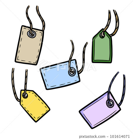 Cardboard label with rope. Empty template for cardboard tag for Sale and retail. Hand-drawn store price. Outline cartoon illustration Cardboard label with rope. Empty template for cardboard tag for Sale and retail. Hand-drawn store price. Outline cartoon illustration 101614071