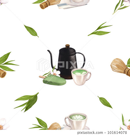 Watercolor seamless pattern matcha tea and coffee elements. Hand-drawn illustration isolated on white background. Perfect concept for cafe, restaurant, menu Japanese tea ceremony Watercolor seamless pattern matcha tea and coffee elements. Hand-drawn illustration isolated on white background. Perfect concept for cafe, restaurant, menu Japanese tea ceremony 101614078