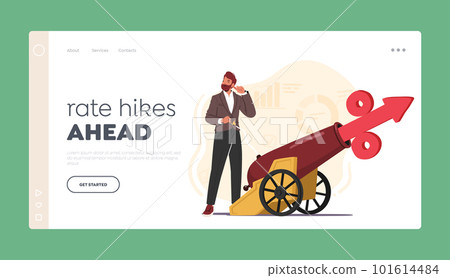 Interest Rate Hike Landing Page Template. Businessman Character Shooting Cannon With Percent Sign, Vector Illustration 101614484
