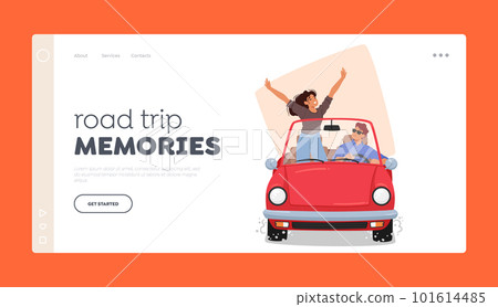 Adventure, Road Trip Memories Landing Page Template. Excited Woman And Her Partner Characters Traveling By Car 101614485