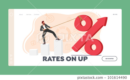 Interest Rate On Up Landing Page Template. Business Man Character Stands Atop A Column Chart And Pulls Up Percent Sign 101614490