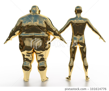 3D render. Golden athletic and obese naked men stand with their backs on a white background. 3D render. Golden athletic and obese naked men stand with their backs on a white background. 101614776