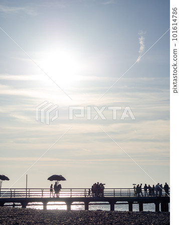 Silhouettes of people on the bridge on the seashore. People see off the sunset. Sea coast. Pier on the sea. Silhouettes of people on the bridge on the seashore. People see off the sunset. Sea coast. Pier on the sea. 101614786