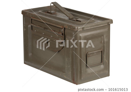 US army green metal .50 cal ammo box on white. 101615013