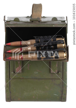 Ammo box with ammunition belt and 12.7mm cartridges for heavy machine gun DSHK used by the former Soviet Union isolated on white. 101615035