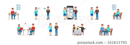 Young Man and Woman on Dating Site Chatting with Each Other Vector Illustration Set Young Man and Woman on Dating Site Chatting with Each Other Vector Illustration Set 101615793