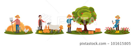 Man and Woman Farmer Engaged in Horticulture and Gardening Vector Illustration Set 101615805