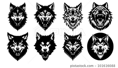 Set of tattoos or logos in the form of wolf heads 101616088