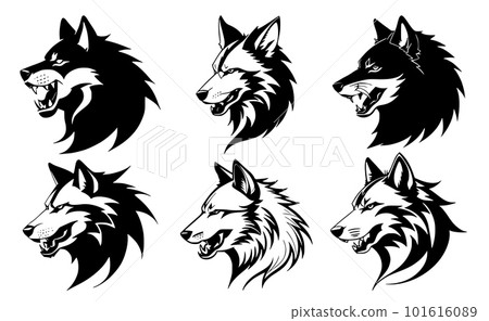 Set of tattoos or logos in the form of wolf heads 101616089