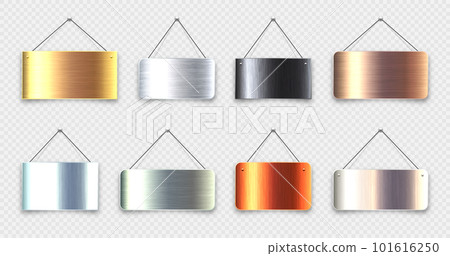 Brushed metal blank hanging signboards. Vintage door sign for cafe, restaurant, bar or retail store. Announcement banner, information signage for business or service. Vector illustration Brushed metal blank hanging signboards. Vintage door sign for cafe, restaurant, bar or retail store. Announcement banner, information signage for business or service. Vector illustration 101616250